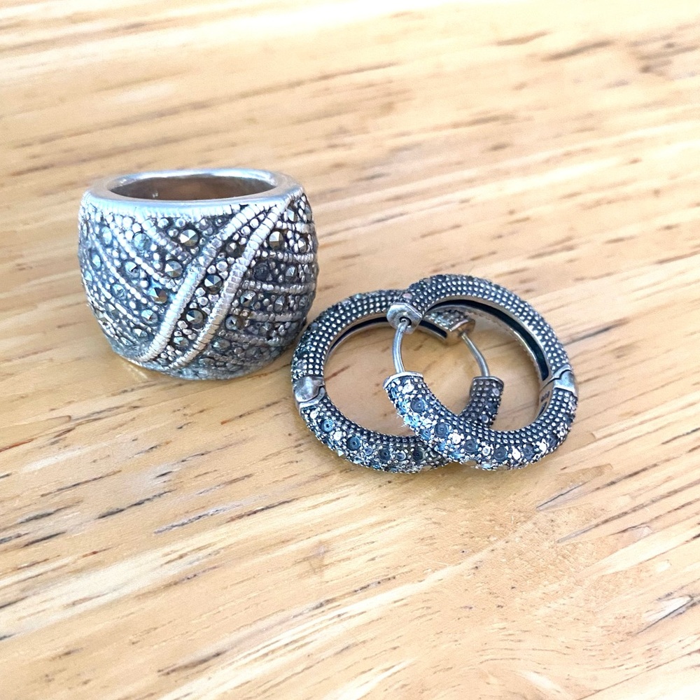 Vintage Sterling Sterling Silver Oxidized Hoop Earrings and ring set